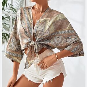 Boho Women's Beige Tie Front Crop Silk Blouse sheer shirt‎